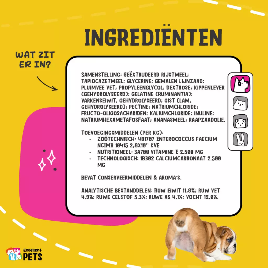 Ingrediënten van huisdierensnack, gele achtergrond
