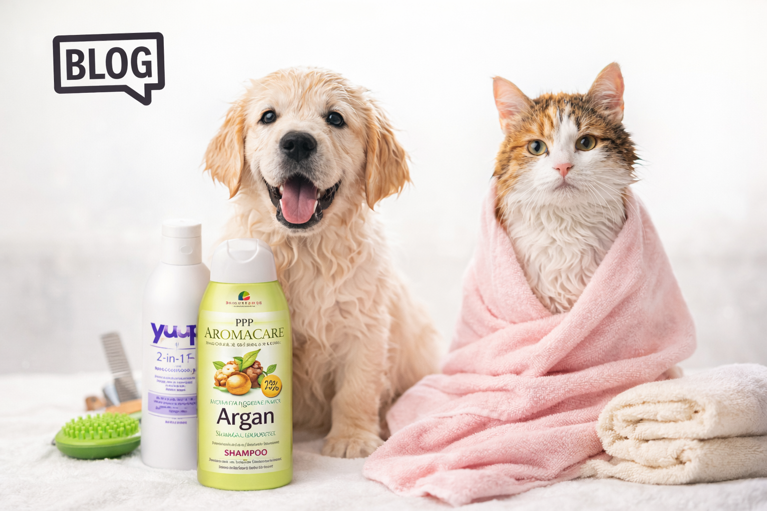 Hond en kat met shampooflessen en handdoek.